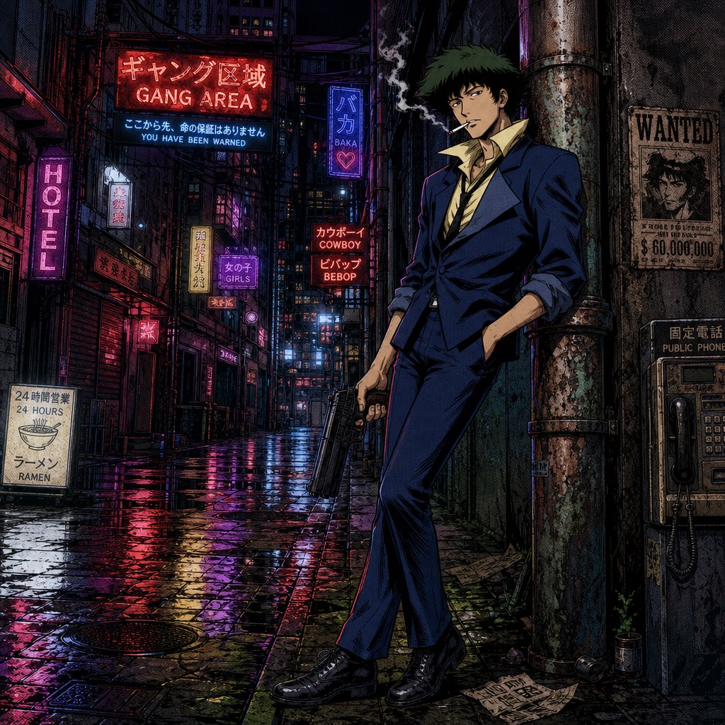 《星际牛仔》中的史派克·斯派格尔，夜晚站在一条肮脏潮湿的小巷中，倚靠着一根生锈的管道。角色有着凌乱的深绿色头发、削瘦的脸庞，带着无聊的表情，嘴里叼着一根香烟…