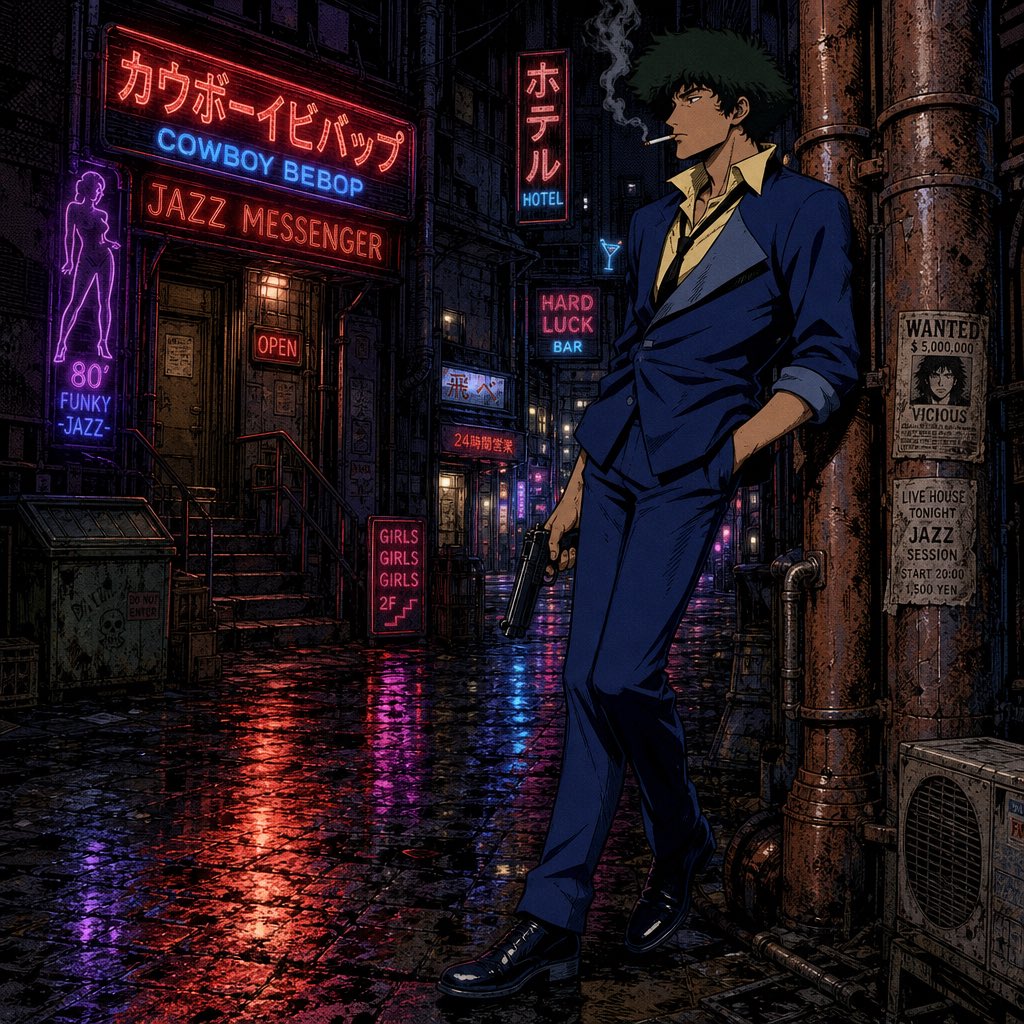 《星际牛仔》中的史派克·斯派格尔,夜晚站在一条肮脏潮湿的小巷中,倚靠着一根生锈的管道。角色有着凌乱的深绿色头发、削瘦的脸庞,带着无聊的表情,嘴里叼着一根香烟,目光望向镜头。他身穿…