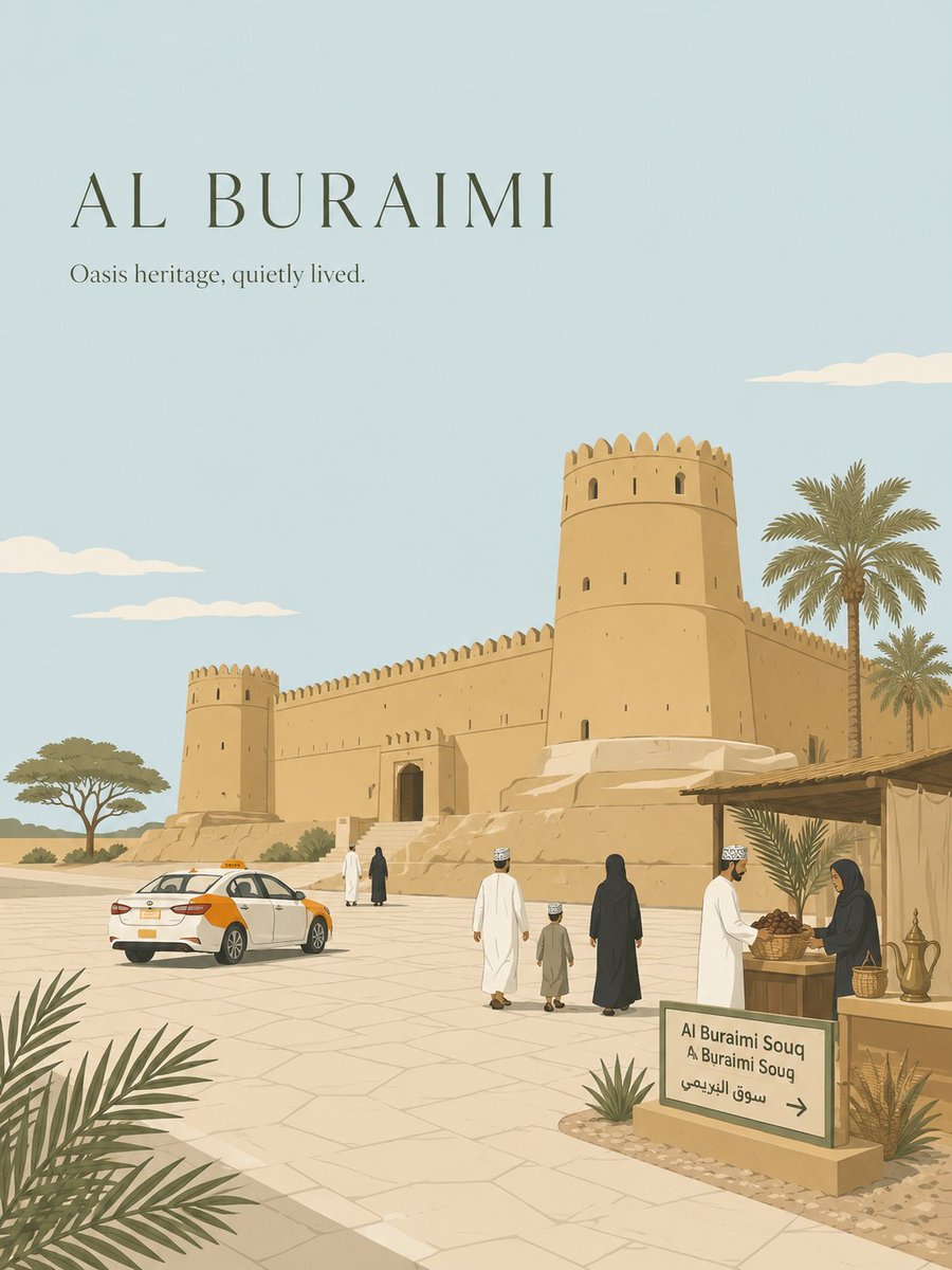 高级极简扁平矢量旅行海报,[alburimi oman],3:4 竖版。 创作一幅独特的城市专属旅行海报,捕捉 [CITY_NAME] 的真实个性。根据城市特…