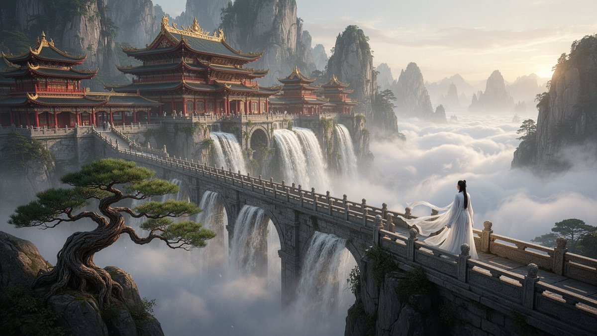 雄伟的天宫坐落在云雾缭绕的山崖之间，装饰华丽的红金相间的传统东亚寺庙建筑沿着一条长长的石桥延伸，巨型瀑布从桥上倾泻而下，汇入下方浩瀚的云海，一位身着飘逸白丝绸…