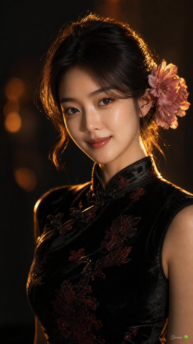 一位年轻貌美的东亚女性的电影感特写肖像,带着温柔温暖的笑容,身穿传统黑色天鹅绒旗袍,带有细腻的红色花卉图案,搭配高立领。她在精心打理的盘发中,耳朵后方别着一朵…
