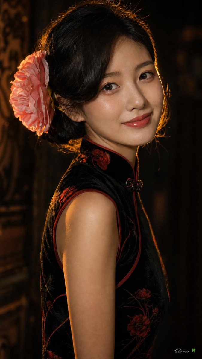 一位年轻貌美的东亚女性的电影感特写肖像,带着温柔温暖的笑容,身穿传统黑色天鹅绒旗袍,带有细腻的红色花卉图案,搭配高立领。她在精心打理的盘发中,耳朵后方别着一朵大型粉色花朵装饰。戏…
