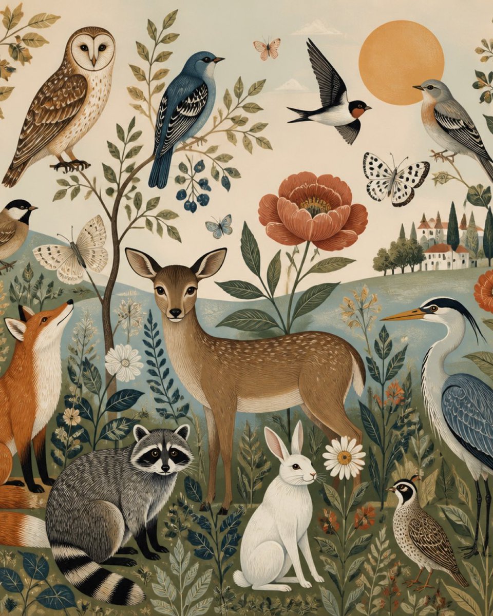 “富有奇趣的森林插画,包含鹿、狐狸、兔子、浣熊、猫头鹰、鸟儿、蝴蝶、花朵、起伏的山丘,以及柔和的复古童话书美学。” #aiart #ai https://t.co/US7W4lb…