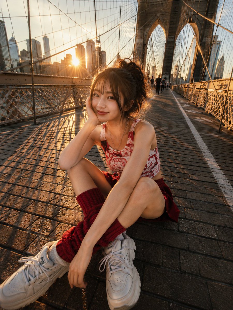 一张充满活力的抓拍街拍风格照片,一位年轻女子在黄金时段俏皮地坐在布鲁克林大桥的人行步道上。她面带灿烂笑容望向镜头,身穿红白图案的无袖上衣,搭配红色罗纹暖腿袜,脚踩超大厚底白色运动…