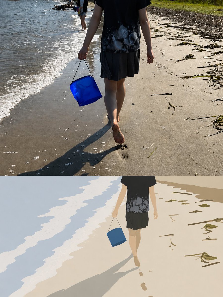根据参考照片创作一幅风格化的编辑插画，将真实的海滩场景转化为精致的纯手绘剪纸风格旅行艺术作品。从低角度、宽阔的视角描绘两位年轻女性欢快地跳跃在浅浅的海水之上。保留原始构图、身体姿…