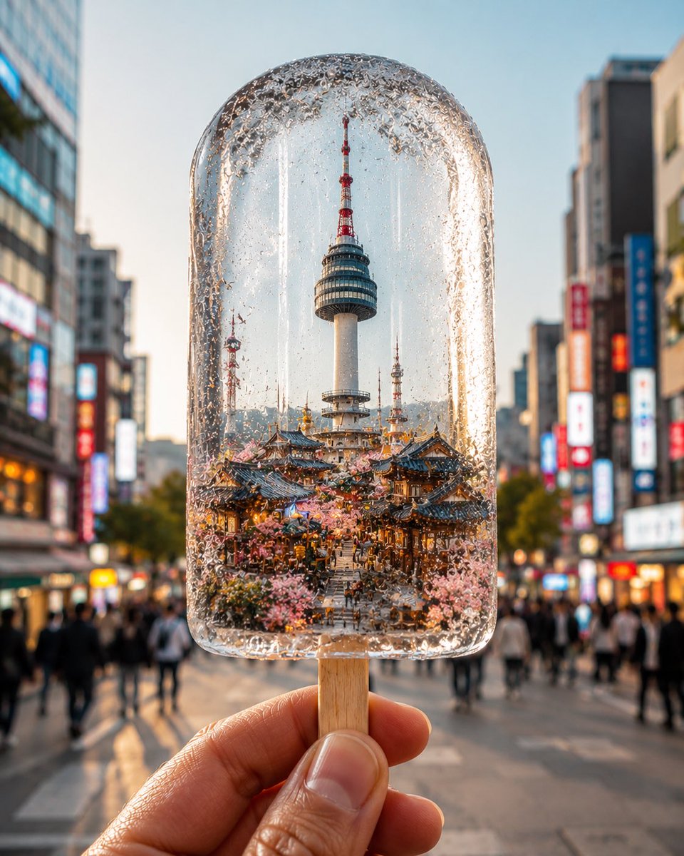 创建一张超写实竖版 4:5 概念旅行摄影作品，主题为 [CITY / COUNTRY]，将目的地的全部精髓魔法般冻结在一根由人物手持的晶莹剔透的冰棍之中。 在这根透明的冰棍内部…