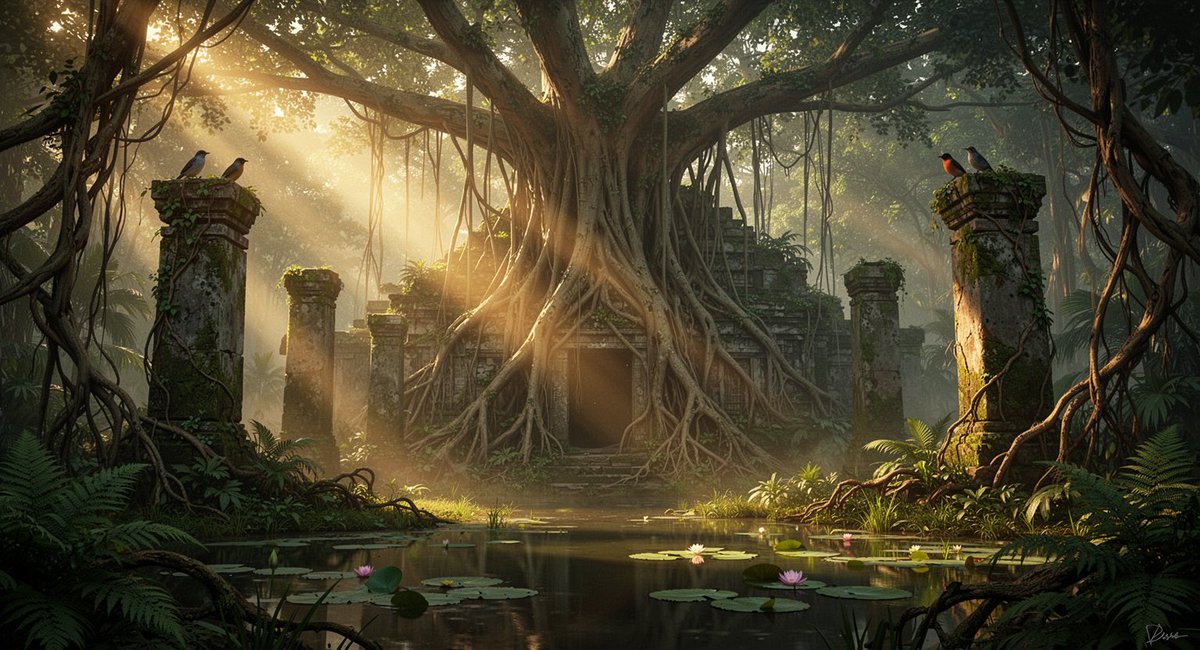 高端电影级风格化写实数字概念艺术，AAA 环境关键帧插画，电影 matte-painting 般的纵深感。黎明时分古老丛林，巨大的榕树枝系蔓延，吞噬着一座崩塌…