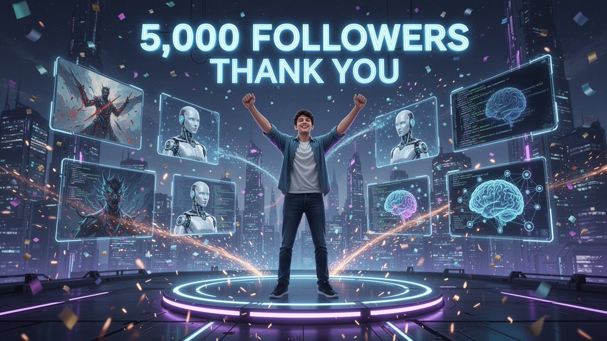 一个令人惊叹的未来主义里程碑庆祝场景，献给一位AI内容创作者：一位自信的年轻人站在一个发光的圆形霓虹平台上，双臂高举，呈现胜利姿态，背景是夜晚闪闪发光的赛博朋…