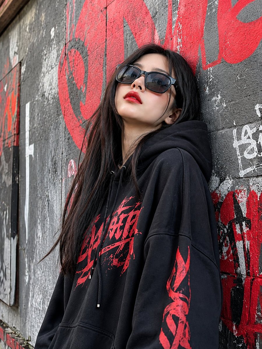 一幅电影感的暗黑街头时尚人像照:一位年轻女性倚靠在一面粗粝的城市墙面上,身穿一件宽松的黑色连帽衫,帽衫上带有隐约可见的红色图形字体印花。她留着长而顺直的深色头发,自然地披散在肩部…