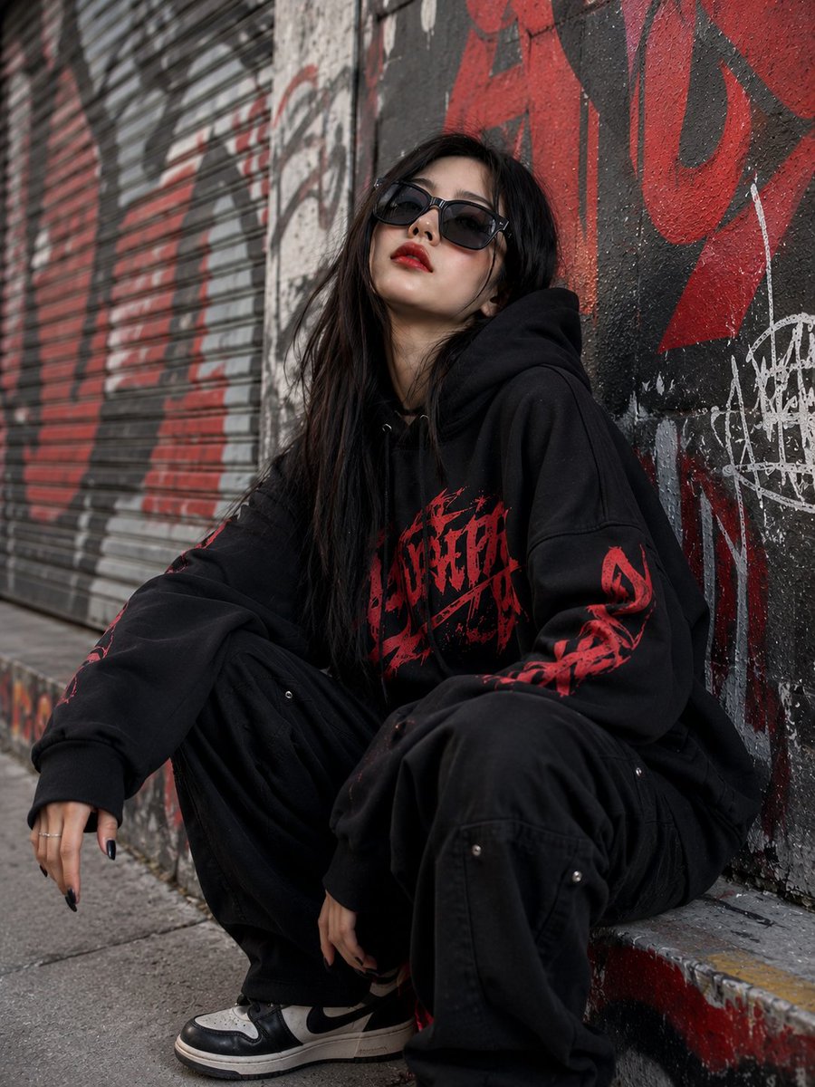 一幅电影感的暗黑街头时尚人像照:一位年轻女性倚靠在一面粗粝的城市墙面上,身穿一件宽松的黑色连帽衫,帽衫上带有隐约可见的红色图形字体印花。她留着长而顺直的深色头发,自然地披散在肩部…