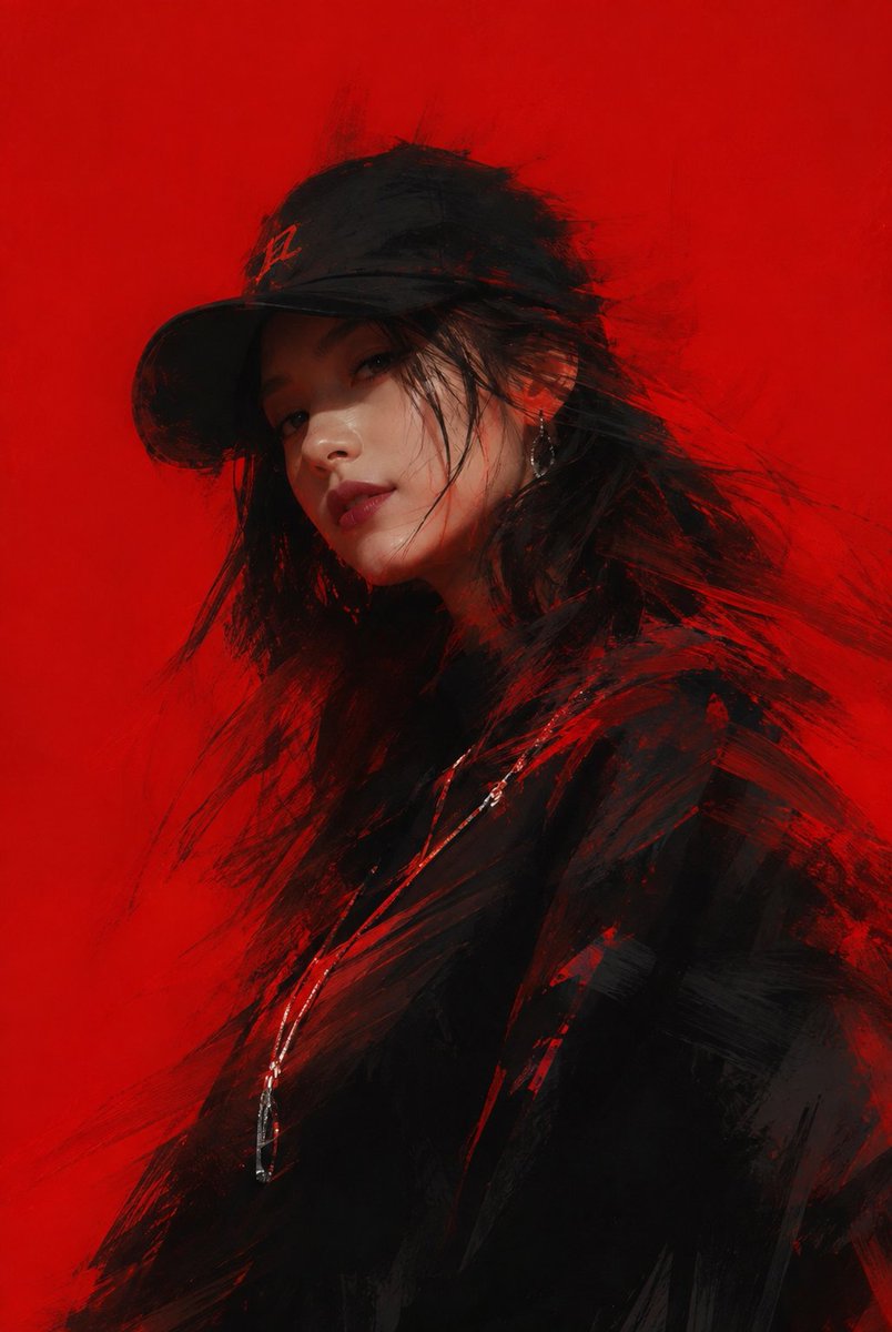 美丽的说唱女性戴着棒球帽，模糊效果，绘画笔触，极简插画。背景是纯粹的宝石红。动态角色角度配以运动模糊。角色以黑色与红色调为主，穿着黑色服装，与戏剧化的红色灯光…