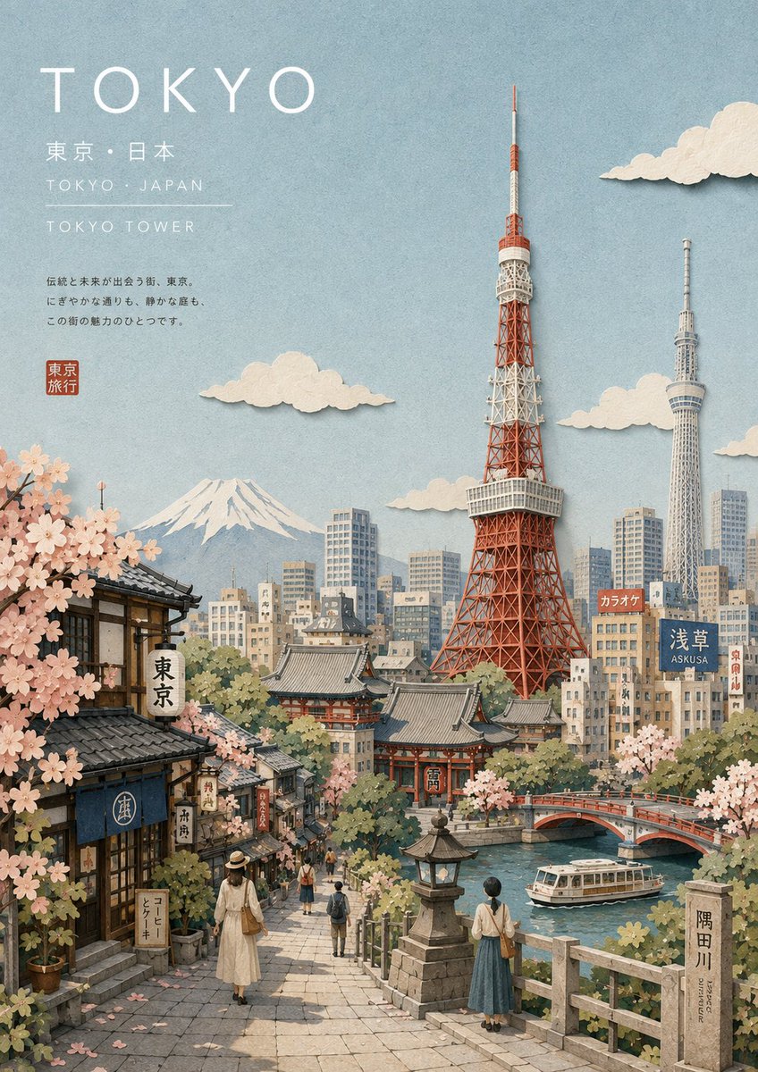 使用 GPT image 2 创建 提示 ↓ 为 {{CITY_NAME}} 创作一张高级插画旅行明信片，采用精致的日本旅游杂志美学风格。 自动研究并确定该城…