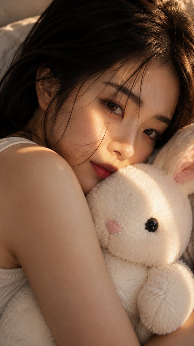 参考图中成年女性的电影级超写实极特写镜头，严格保持身份一致性，精确还原其面部特征与比例。她躺在床上，将一只大型白色毛绒兔紧紧贴在脸颊。70–80% 侧脸构图…
