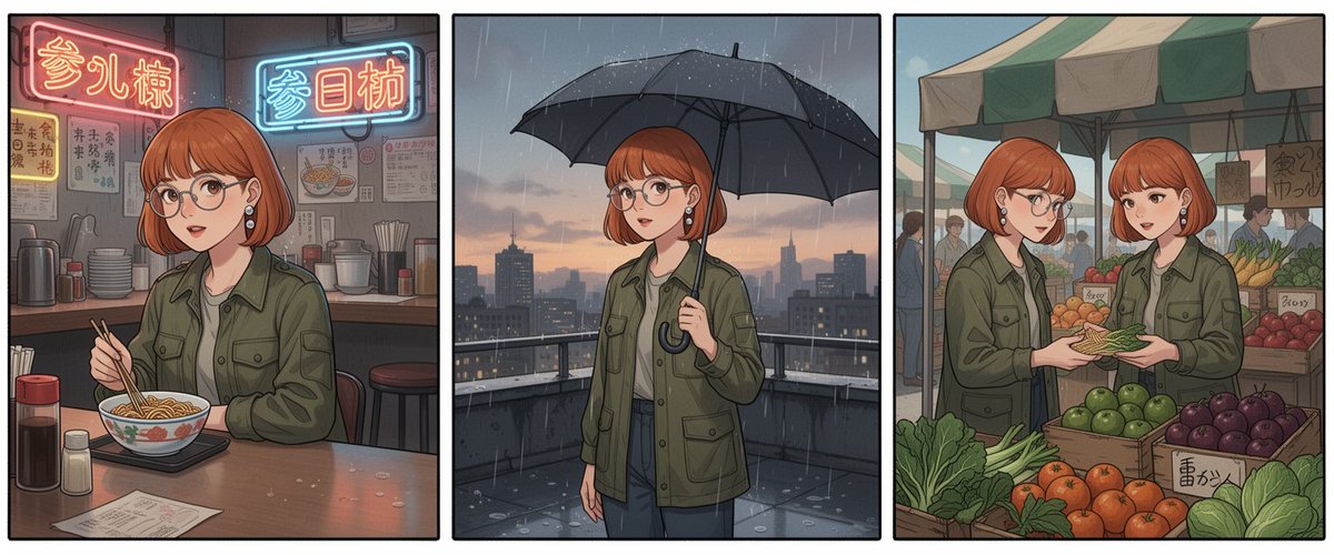 三格漫画风格三联画,每格中为同一原创角色:年轻女性,铜红色短发波波头,圆框金属细框眼镜,橄榄绿色工装夹克,银色耳钉 —— 第一格:夜晚坐在霓虹灯照明的面馆吧台…