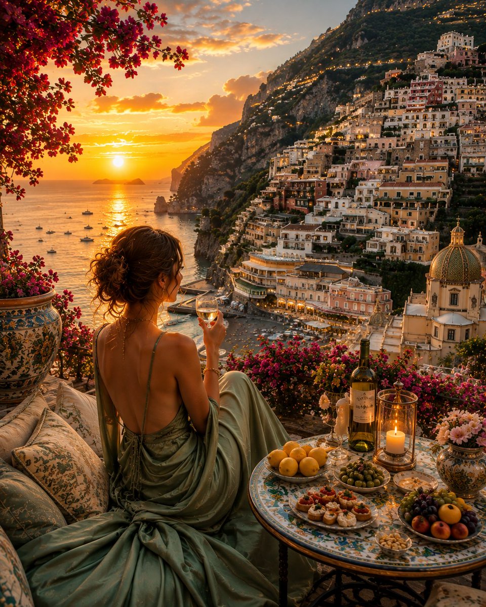 阿马尔菲金色时刻逃离 🇮🇹 地中海之上一个静谧奢华的傍晚,景色本身就是全部体验。 有些傍晚会让你忘记今天是星期几。✨ 只有一方安静的露台、一轮金色的日落,以及一眼你希望永远留存的…