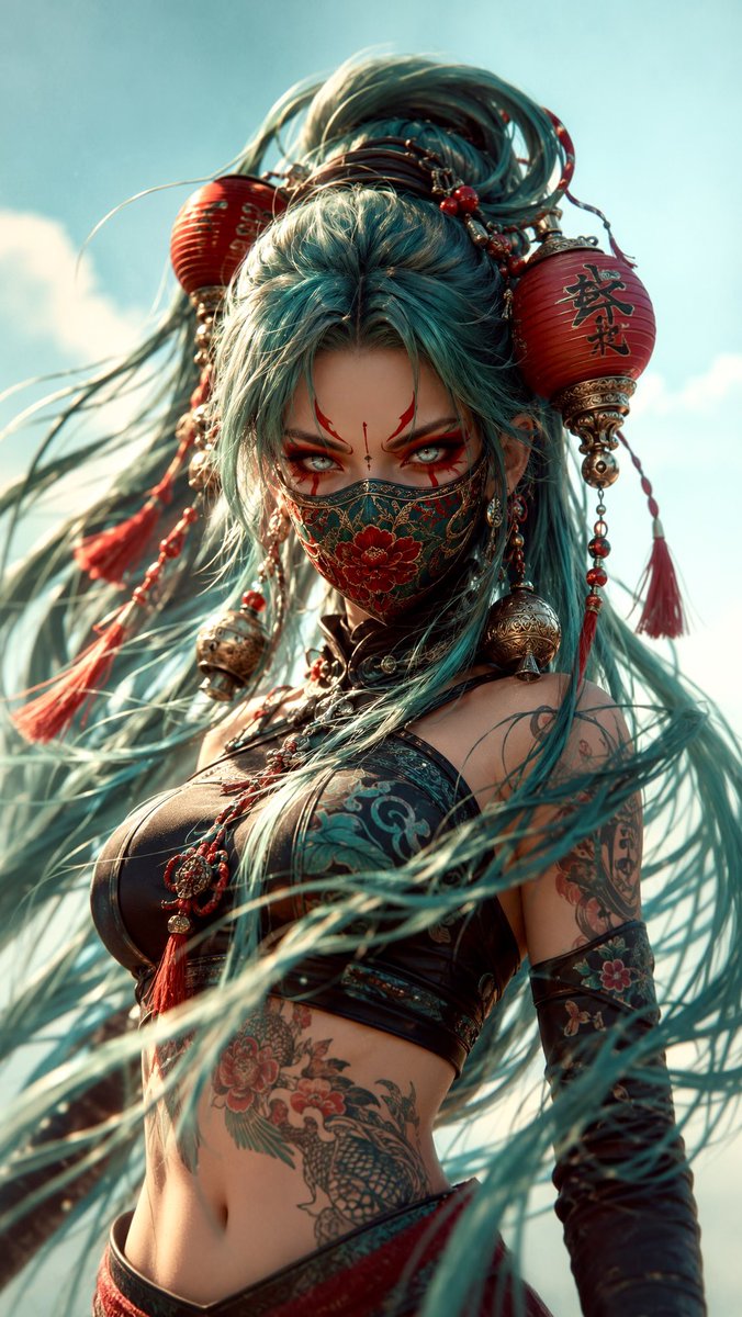 竖构图特写肖像：一位凶猛未来的女性战士，头发高束，呈极长的流动青色（teal）长发，装饰有超大红色纸灯笼饰品、雕刻银铃、串珠、绳索与流苏。她身穿合身的黑青色紧…