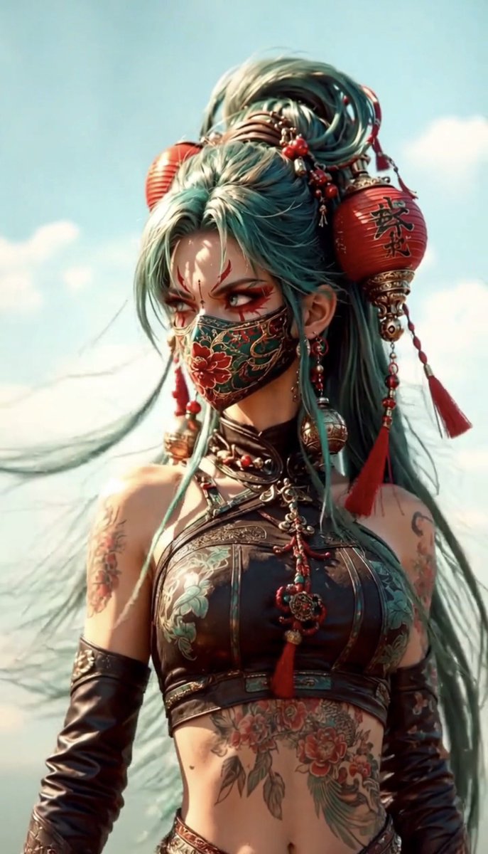 竖构图特写肖像:一位凶猛未来的女性战士,头发高束,呈极长的流动青色(teal)长发,装饰有超大红色纸灯笼饰品、雕刻银铃、串珠、绳索与流苏。她身穿合身的黑青色紧身短款战斗服,并佩戴…