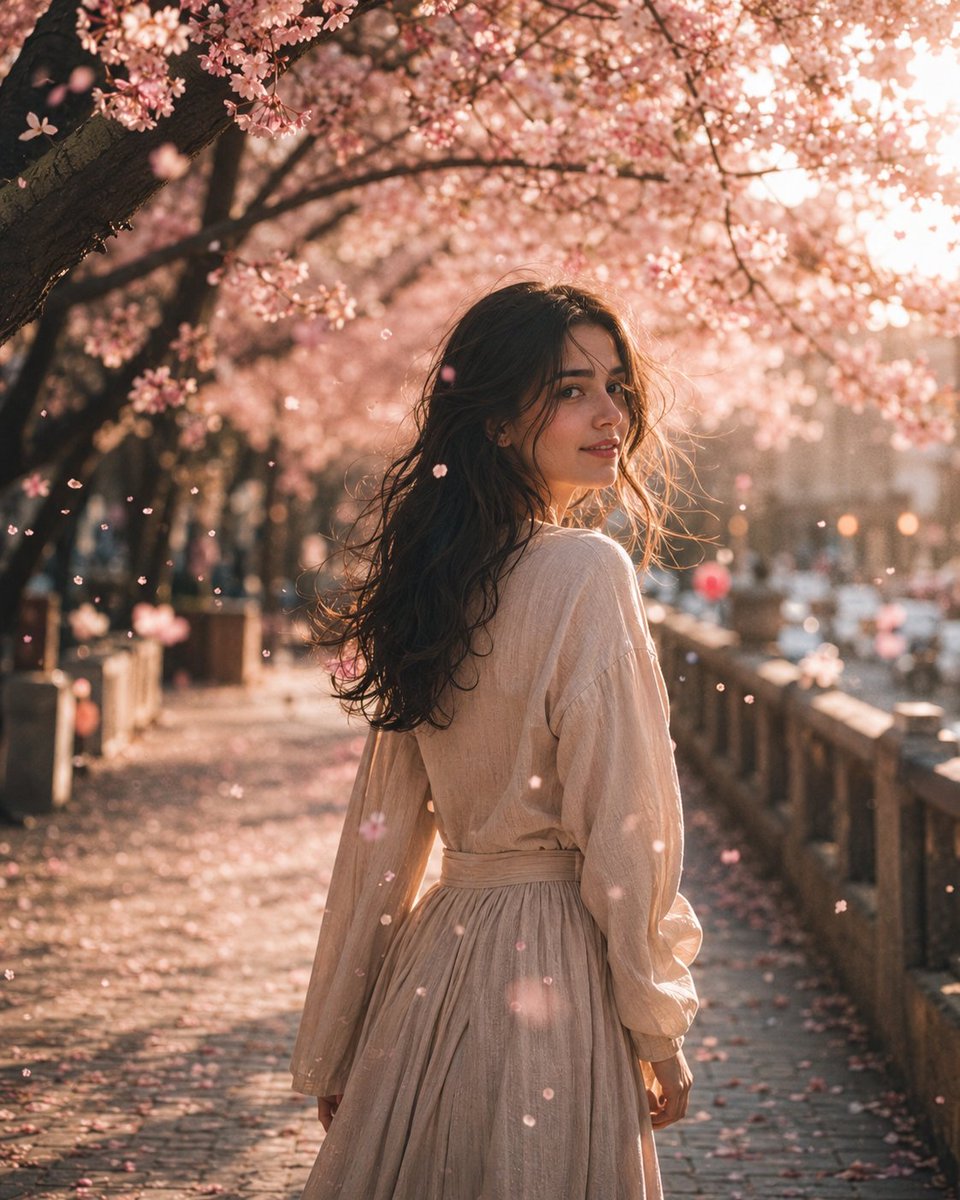 { "title": "春日低语", "scene": "一个温暖春日的午后，开满樱花的树下铺展着一条宁静的小径。粉色的花朵充盈着头顶的树冠，纤细的花瓣在空中…