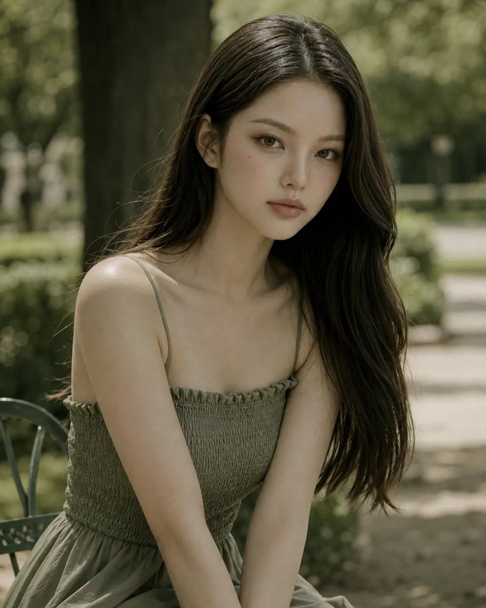 高分辨率、高时尚中近景摄影，公园里的年轻女性，参考图像相似度，度假风服装，过肩回眸姿势，柔唇，柔白皮肤，精致面容，忧郁眼神，亲密情感氛围，大地色单色鼠尾草绿色调，统一的橄榄绿色调…