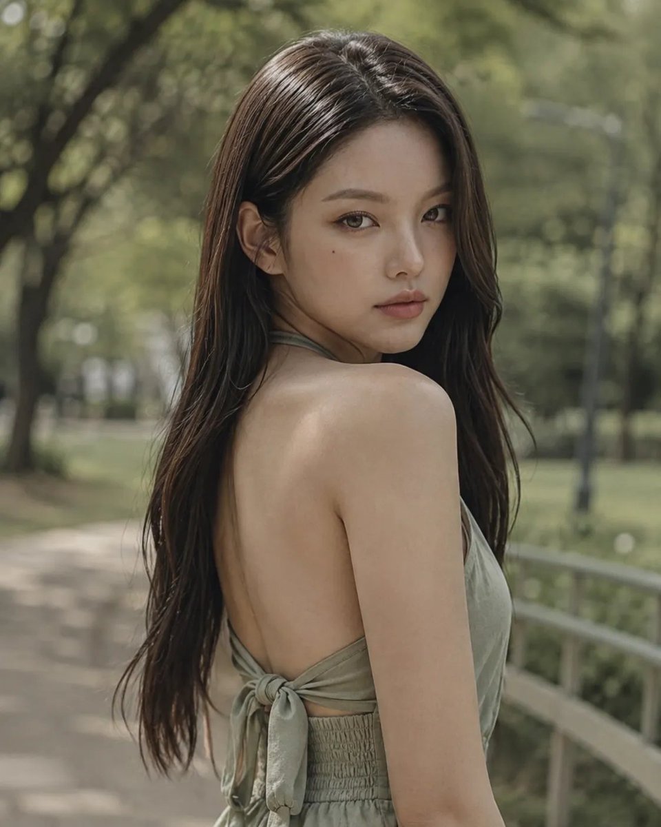 高分辨率、高时尚中近景摄影，公园里的年轻女性，参考图像相似度，度假风服装，过肩回眸姿势，柔唇，柔白皮肤，精致面容，忧郁眼神，亲密情感氛围，大地色单色鼠尾草绿色调，统一的橄榄绿色调…