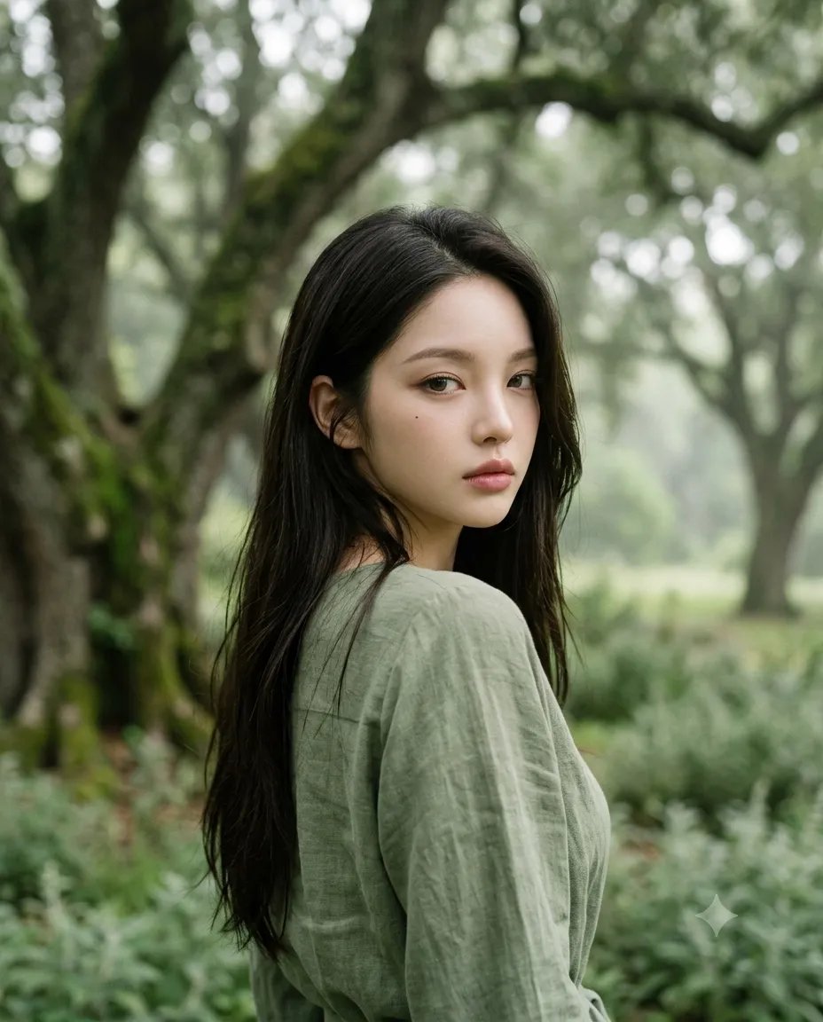 高分辨率、高时尚中近景摄影，公园里的年轻女性，参考图像相似度，度假风服装，过肩回眸姿势，柔唇，柔白皮肤，精致面容，忧郁眼神，亲密情感氛围，大地色单色鼠尾草绿色调，统一的橄榄绿色调…