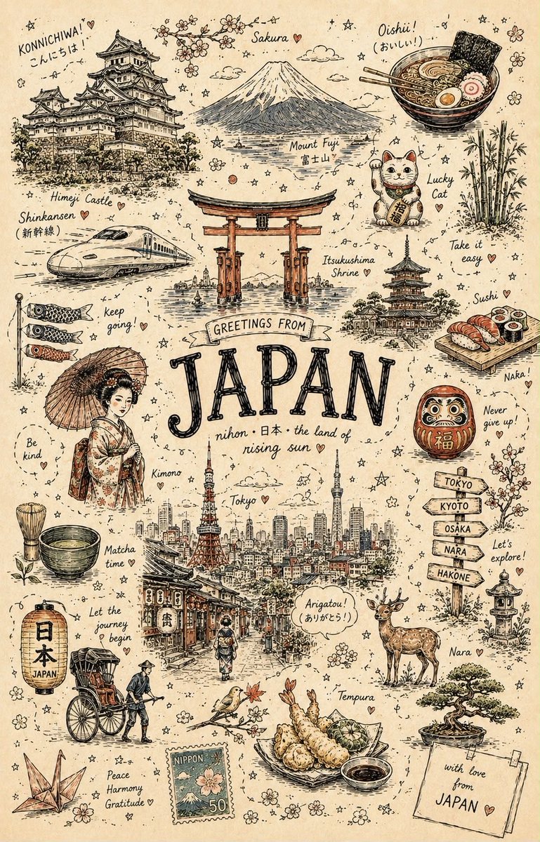 创作一张迷人的竖版 4:5 涂鸦艺术旅行海报，以[COUNTRY]为特色，打造一个异想天开的手绘世界。 用数百个俏皮可爱的黑色墨水小涂鸦填满整个画面，灵感来自该国：标志性建筑、当…
