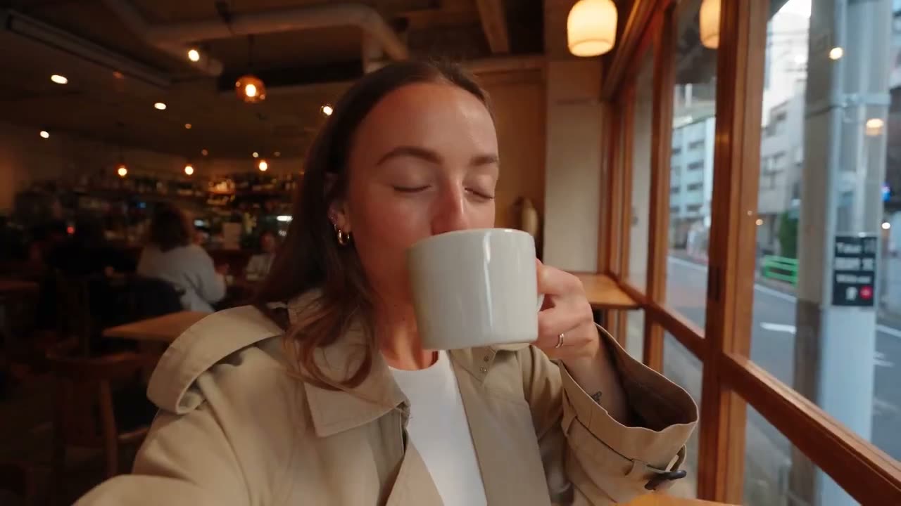 30秒真实风格的YouTube视频博客,主角是一位成年女性旅行创作者,正在探索东京。她有着自然、时尚的日常外表,穿着休闲街头服饰。开场是一个手持自拍镜头,她正…