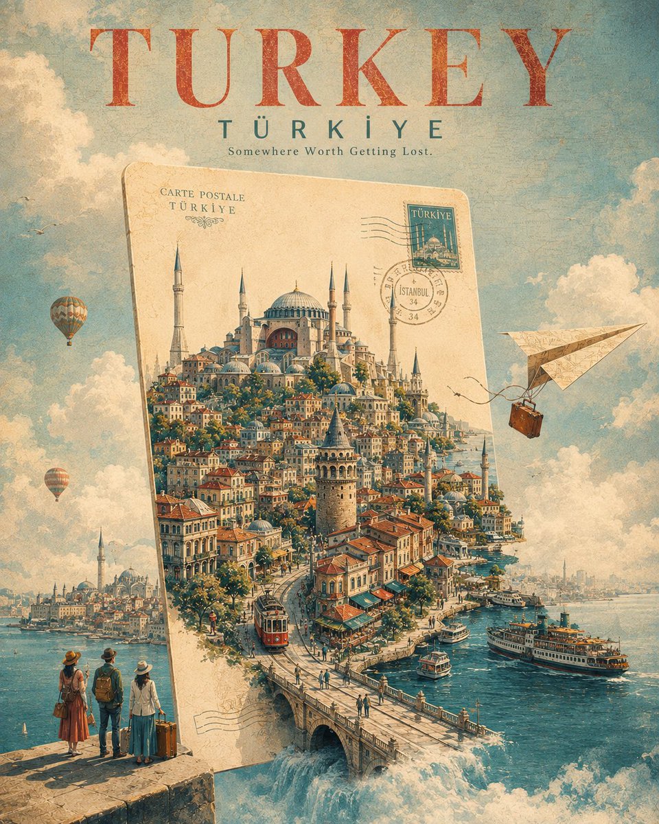 为 [CITY, COUNTRY] 创作一张引人注目的奢华旅行海报，采用超现实的视觉概念：整座城市正从一张漂浮在天空中的巨型复古明信片中浮现出来。 一张巨大的米色复古明信片垂直竖…