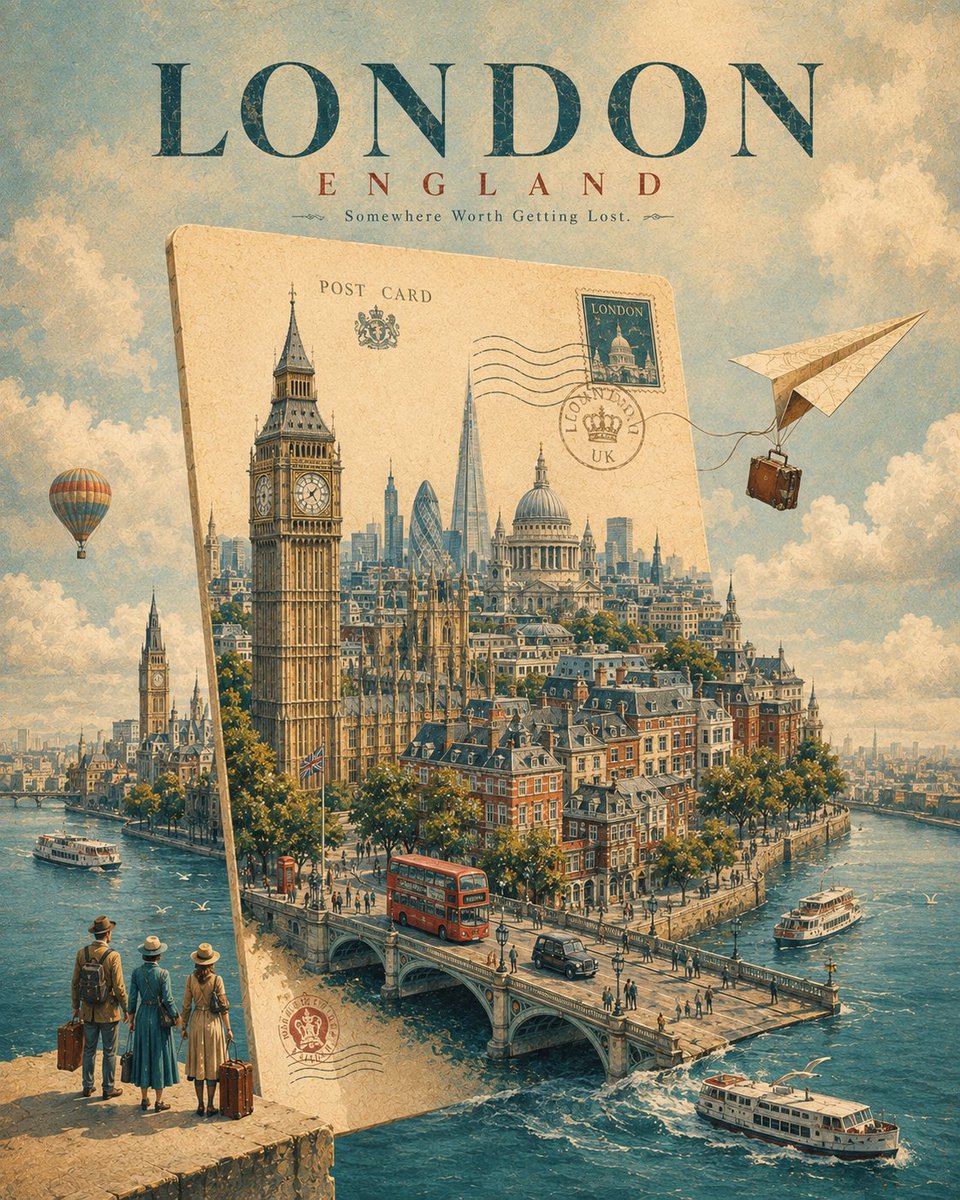 为 [CITY, COUNTRY] 创作一张引人注目的奢华旅行海报，采用超现实的视觉概念：整座城市正从一张漂浮在天空中的巨型复古明信片中浮现出来。 一张巨大的米色复古明信片垂直竖…