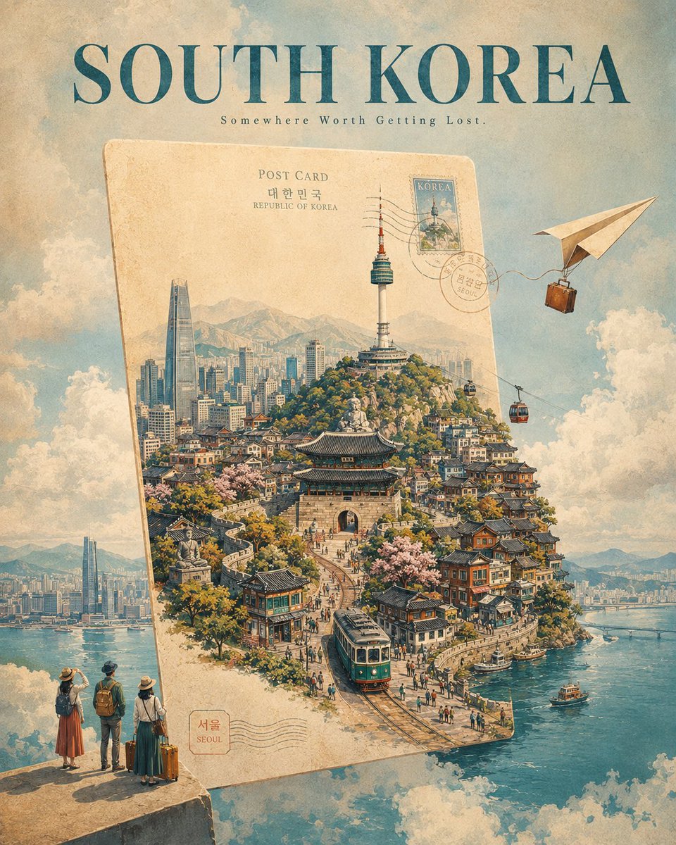 为 [CITY, COUNTRY] 创作一张引人注目的奢华旅行海报，采用超现实的视觉概念：整座城市正从一张漂浮在天空中的巨型复古明信片中浮现出来。 一张巨大的米色复古明信片垂直竖…