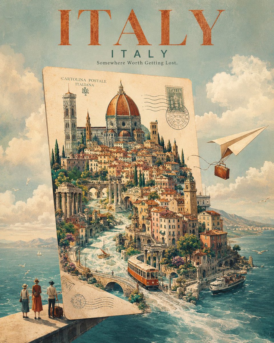 为 [CITY, COUNTRY] 创作一张引人注目的奢华旅行海报，采用超现实的视觉概念：整座城市正从一张漂浮在天空中的巨型复古明信片中浮现出来。 一张巨大的米色复古明信片垂直竖…
