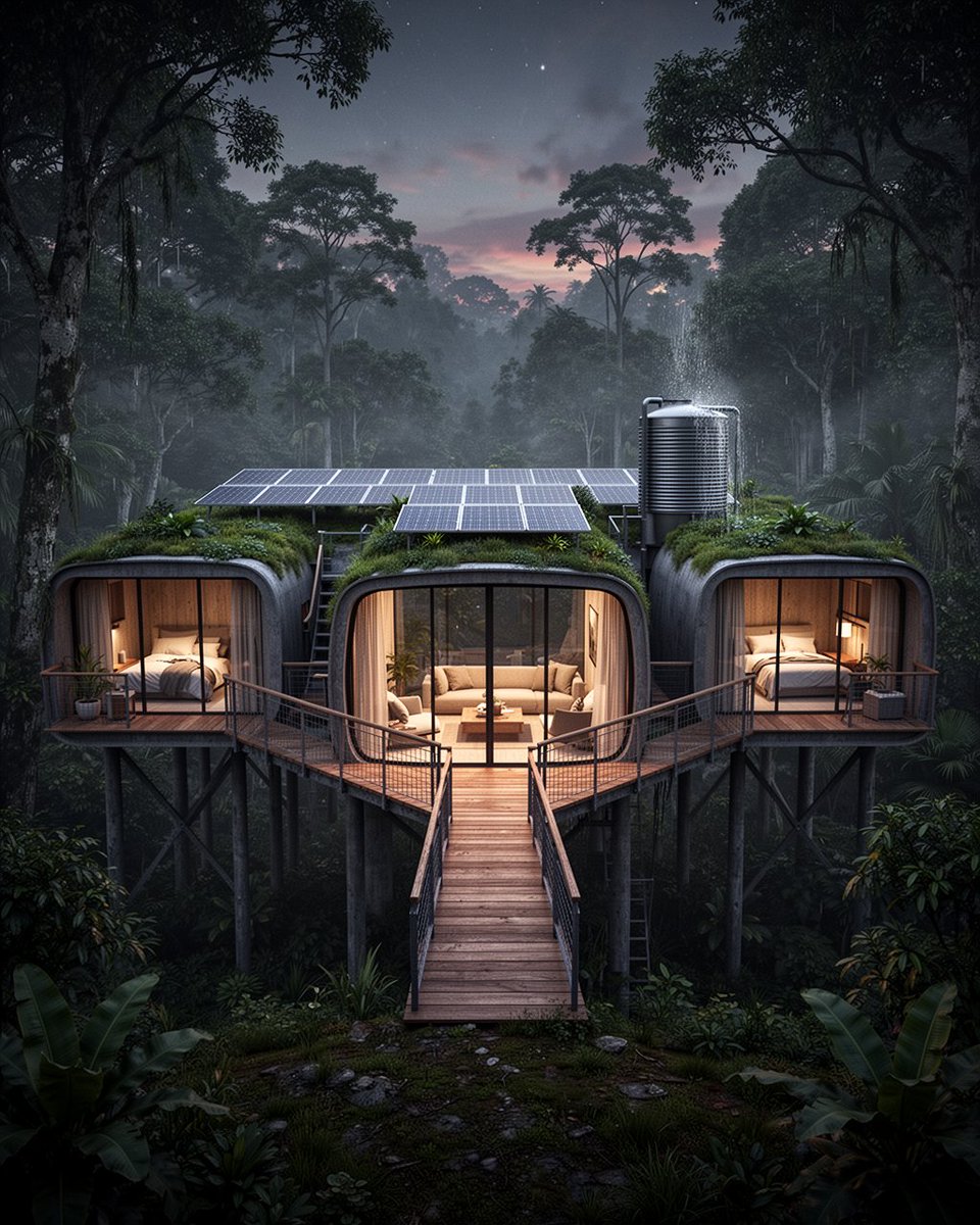 夜间高架森林住宅建筑可视化海报：一个中央玻璃墙生活舱，室内灯光温暖，木板步桥将其连接到两个高架的卧室舱（支撑在高跷上），绿色活体屋顶配有太阳能电池板阵列，一个…