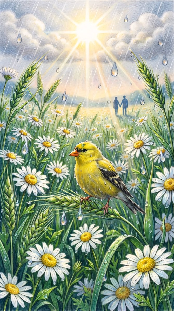 一幅色彩鲜艳的竖版彩色铅笔插画。在前景中，一只小巧的鲜黄色金翅雀停栖在一根弯曲的绿色麦穗上，拥有橙色的喙和隐约的黑色翅羽纹路，羽毛上沾着细小的水珠，头部微微侧…