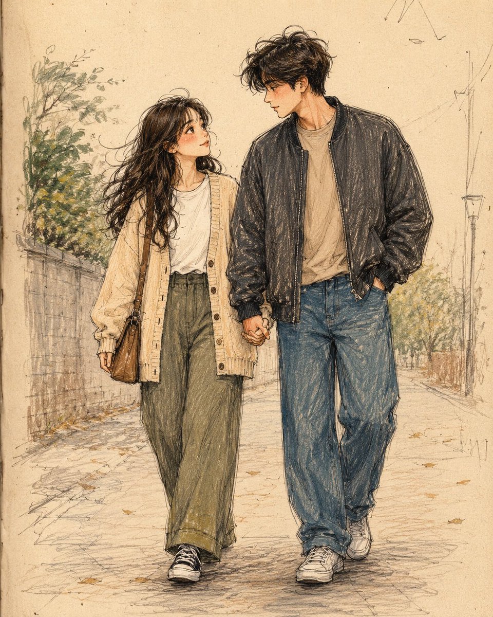 创作一幅清新、温馨的手绘彩铅插画，描绘一对时髦的年轻情侣在一个宁静的日子里悠然漫步，画面灵感来源于当代日本与韩国的速写本生活艺术。画面以全身视角自然抓拍这对情…