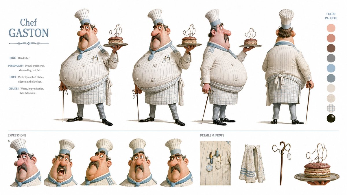 创建一个高端、现代的角色概念设定图（CHARACTER CONCEPT ART SHEET），采用 16:9 宽屏布局，置于纯白色背景之上。所附参考图定义了艺术风格——请将其视为…