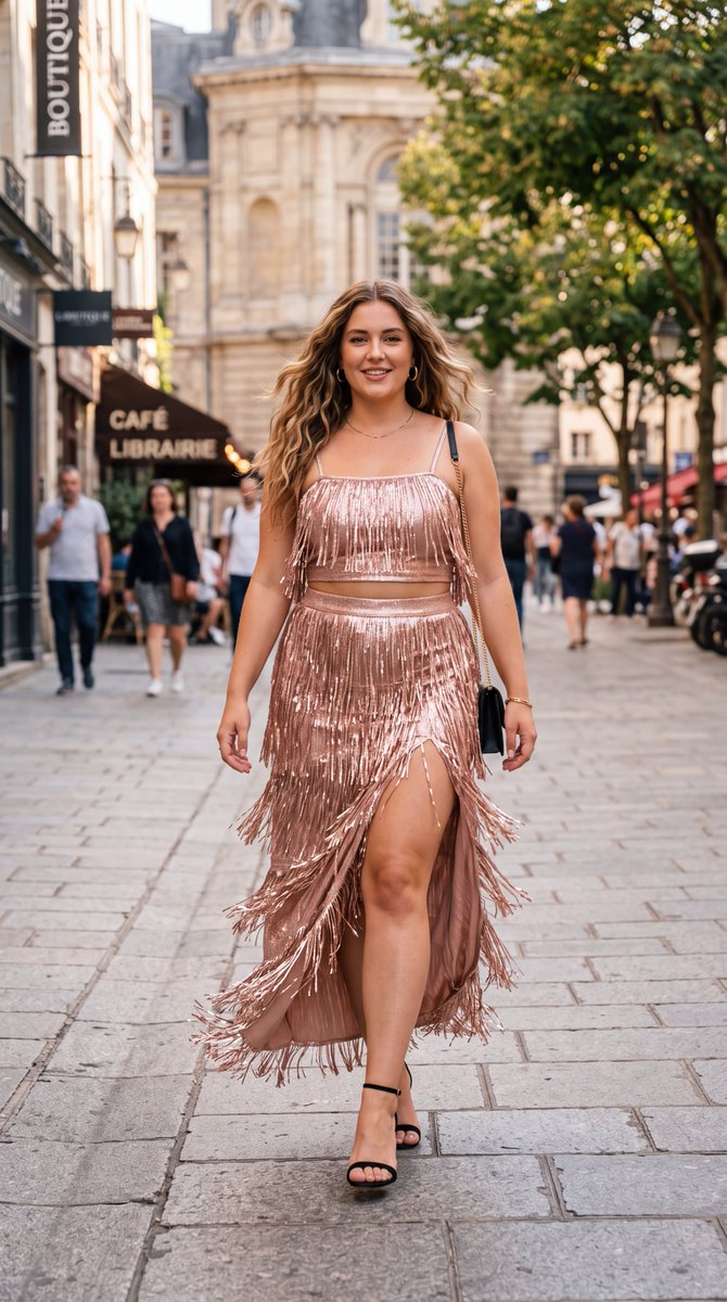 全身照片：一位年轻曲线优美的女子走在城市街道上，身着一套金属玫瑰金两件套，包括一件短款背心和一条配套的高腰不对称长裙，两者都覆盖着层叠闪烁的流苏。她浅棕色的长…