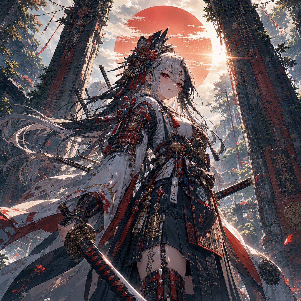 杰作,最高质量,超精细动漫插画,凶猛的女武士战士,低角度英雄肖像,居中构图,炽烈发光的黑色眼睛搭配锋利的红色眼线,苍白肌肤,长渐变白色与黑色头发配以戏剧性发丝…
