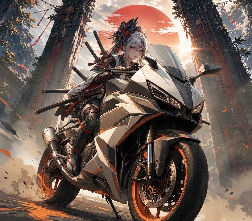 杰作,最高质量,超精细动漫插画,凶猛的女武士战士,低角度英雄肖像,居中构图,炽烈发光的黑色眼睛搭配锋利的红色眼线,苍白肌肤,长渐变白色与黑色头发配以戏剧性发丝与华丽发饰,身着高度…