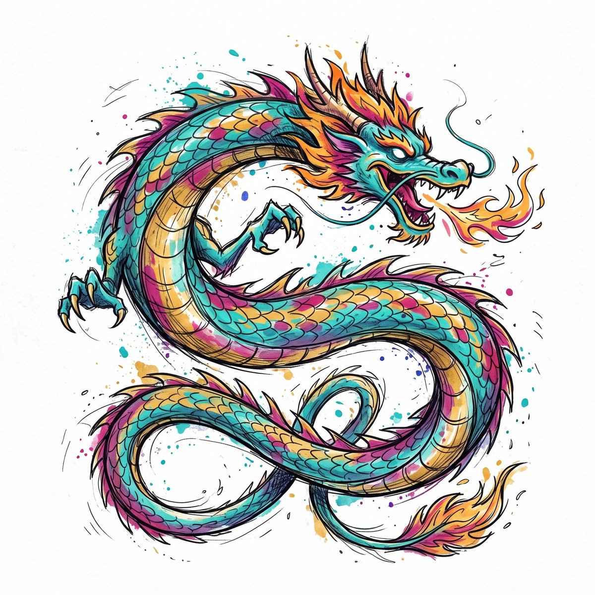 1: Gemini 2,3: Midjourney 7 粗犷的龙，采用大胆的青绿色、金色和品红色调，细长的蛇形身躯充满动感地扭曲，手绘风格，线条粗犷充满活力，细节带有不完美的草图…