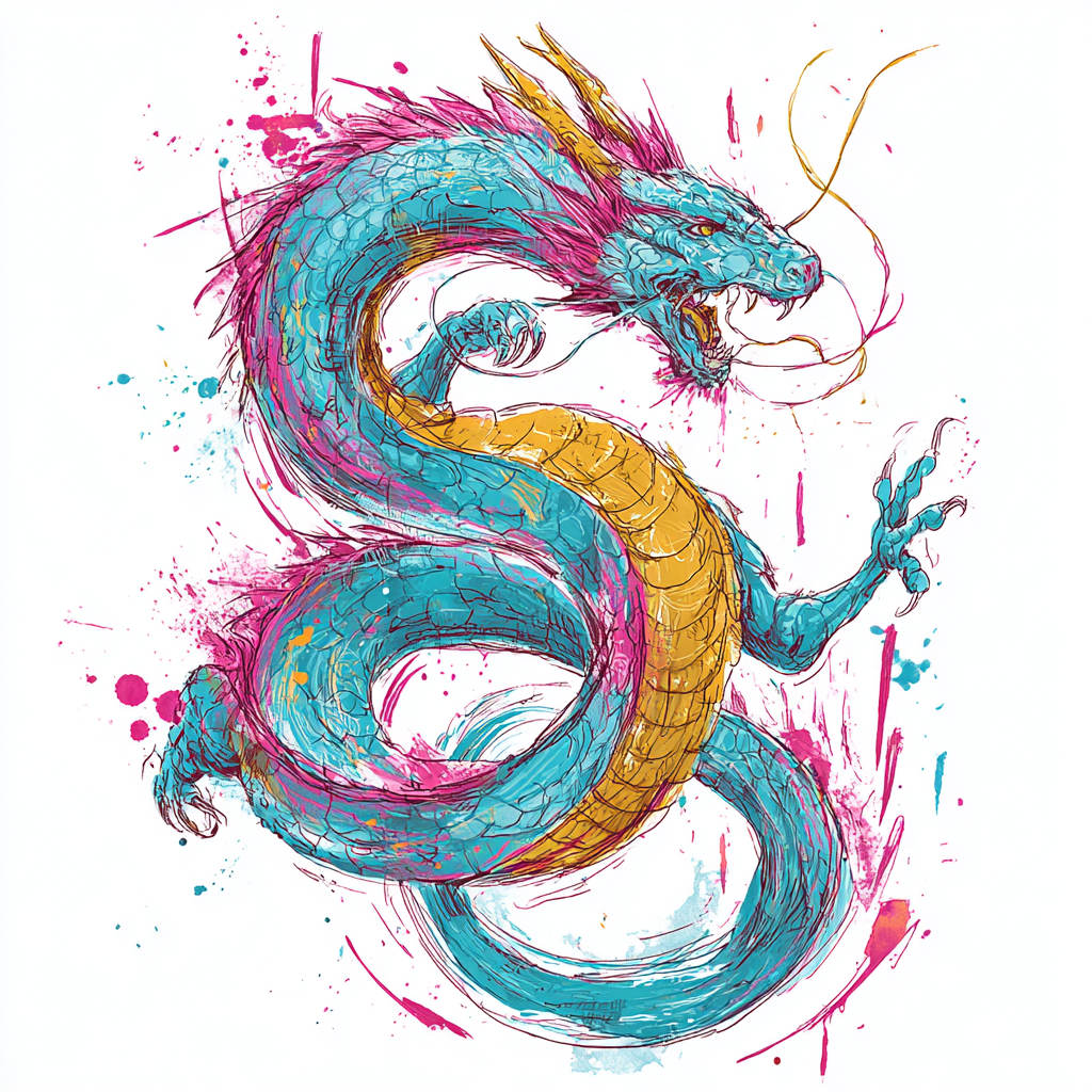 1: Gemini 2,3: Midjourney 7 粗犷的龙，采用大胆的青绿色、金色和品红色调，细长的蛇形身躯充满动感地扭曲，手绘风格，线条粗犷充满活力，细节带有不完美的草图…
