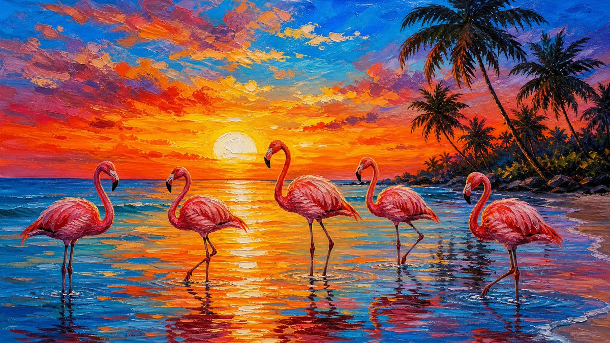 一幅充满活力的画作，描绘了五只粉红色的火烈鸟在热带海滩日落时分的浅水中涉水前行，巨大的太阳低悬在地平线上，在海面上投射出鲜艳的橙色、黄色和蓝色的倒影。右侧以棕…