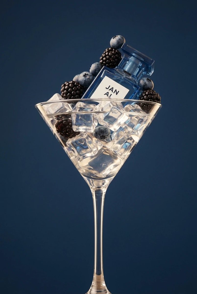 { "objects": "blackberry, blueberry, blue perfume glass bottle with a square wh…
