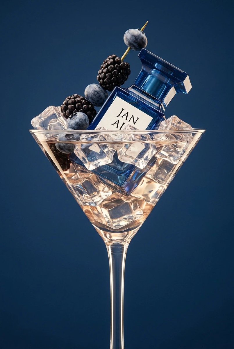 { "objects": "blackberry, blueberry, blue perfume glass bottle with a square white label…