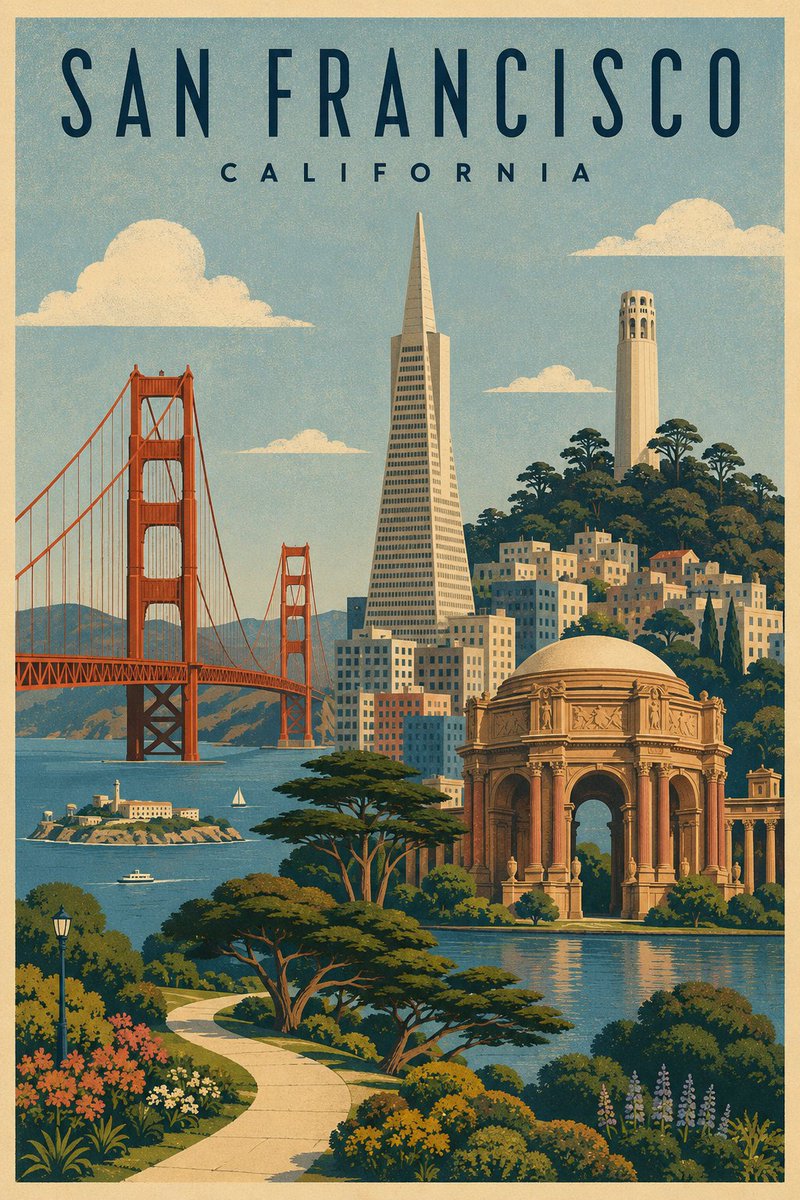 GPT 图像 2 张。 提示 👇 创建一幅复古中世纪（旧世纪中叶）风格的旧金山（加利福尼亚州）旅游海报插画，采用精致的 1950 年代至 1960 年代丝网印…