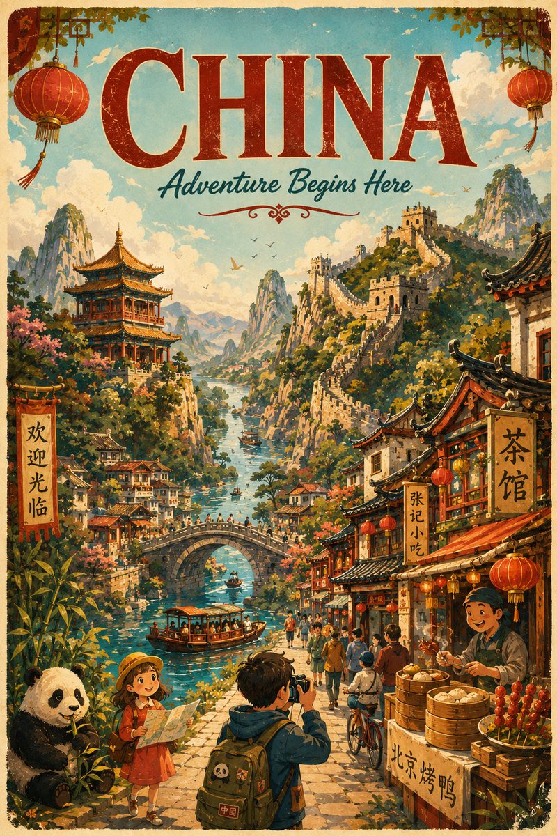 为 [COUNTRY] 创作一张精美的竖版 4:5 卡通风格插画旅行海报,设计得像一张迷人的可收藏复古动画海报。 将 [COUNTRY] 想象成一个神奇的插画世界:连绵的山脉、蜿…