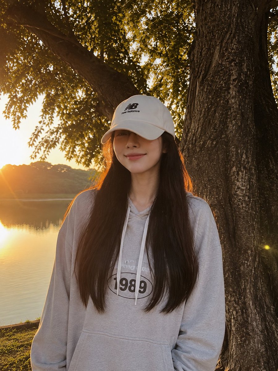 一张黄金时段的写实生活方式摄影照片，画面中一位年轻女子俏皮地坐在一辆复古黄色自行车旁，旁边是一片宁静的湖泊。她张开双臂，摆出愉悦、无忧无虑的姿态，嘴角带着柔和的微笑，脸部被一顶白…