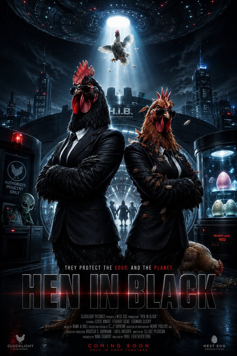 为《HEN IN BLACK》（黑衣人母鸡版）创作一张极为精致的院线电影海报——这是一部大制作科幻动作喜剧，讲述一个由鸡组成的绝密组织保护地球免受外星威胁的故…