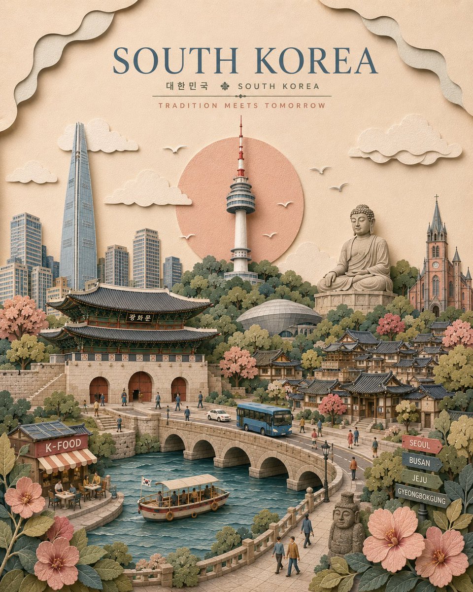 创作一张高级感竖版 4:5 [CITY]（[COUNTRY]）旅行海报，呈现为手工打造的层叠 3D 剪纸微缩世界。 使用柔和的粉彩纸张背景，带有细腻的颗粒感，搭配雕刻感的云朵、有…