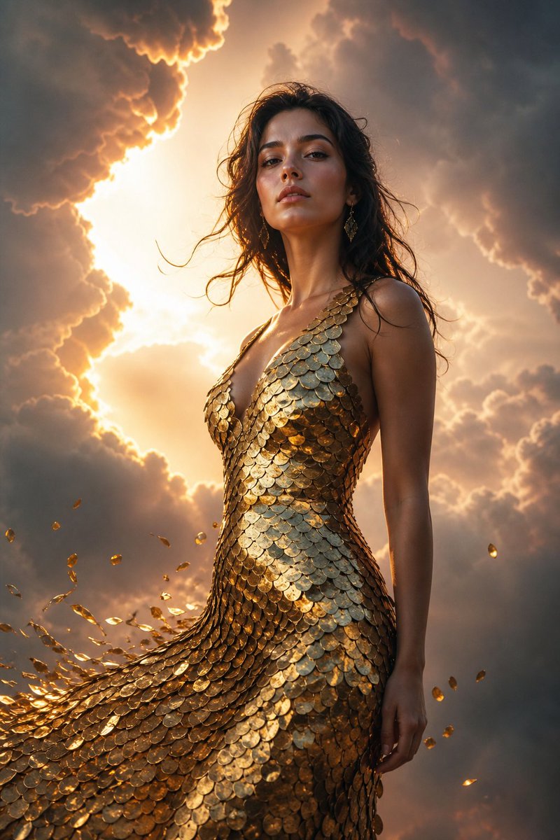 一张照片写实风格的时尚人像,一位美丽动人的女子身着一袭金色鱼鳞亮片鳞甲长裙,鳞片随着她的动作泛起涟漪,几片鳞片飞离裙身,宛如逃逸的鱼群。背景:傍晚的天空像蛋壳…