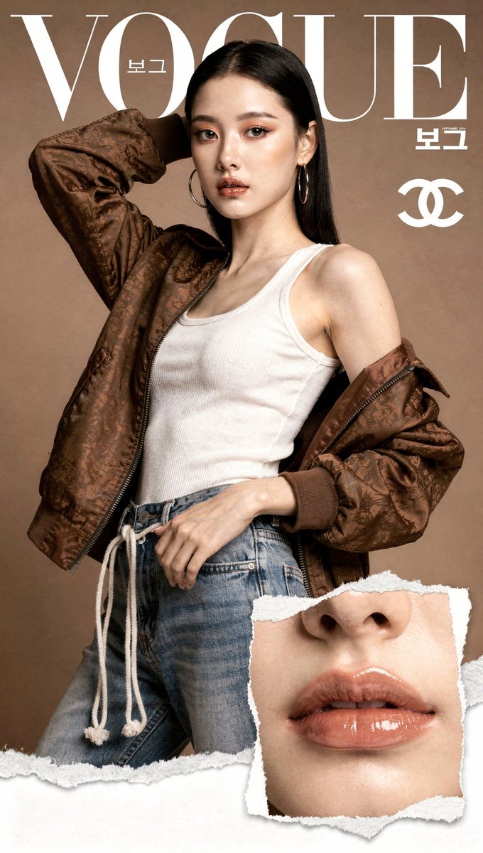 [FLUX.2 Pro Prompt] ar 9:16 2K 高端时尚杂志封面,Vogue Korea 风格,纯色暖调灰褐棕色背景。主体人物为一位年轻的东亚女性(NewJeans…